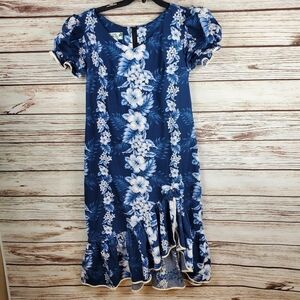 Two Palms Womens 2XL Vintage Blue/White Floral Ruffle Hawaiian Dress